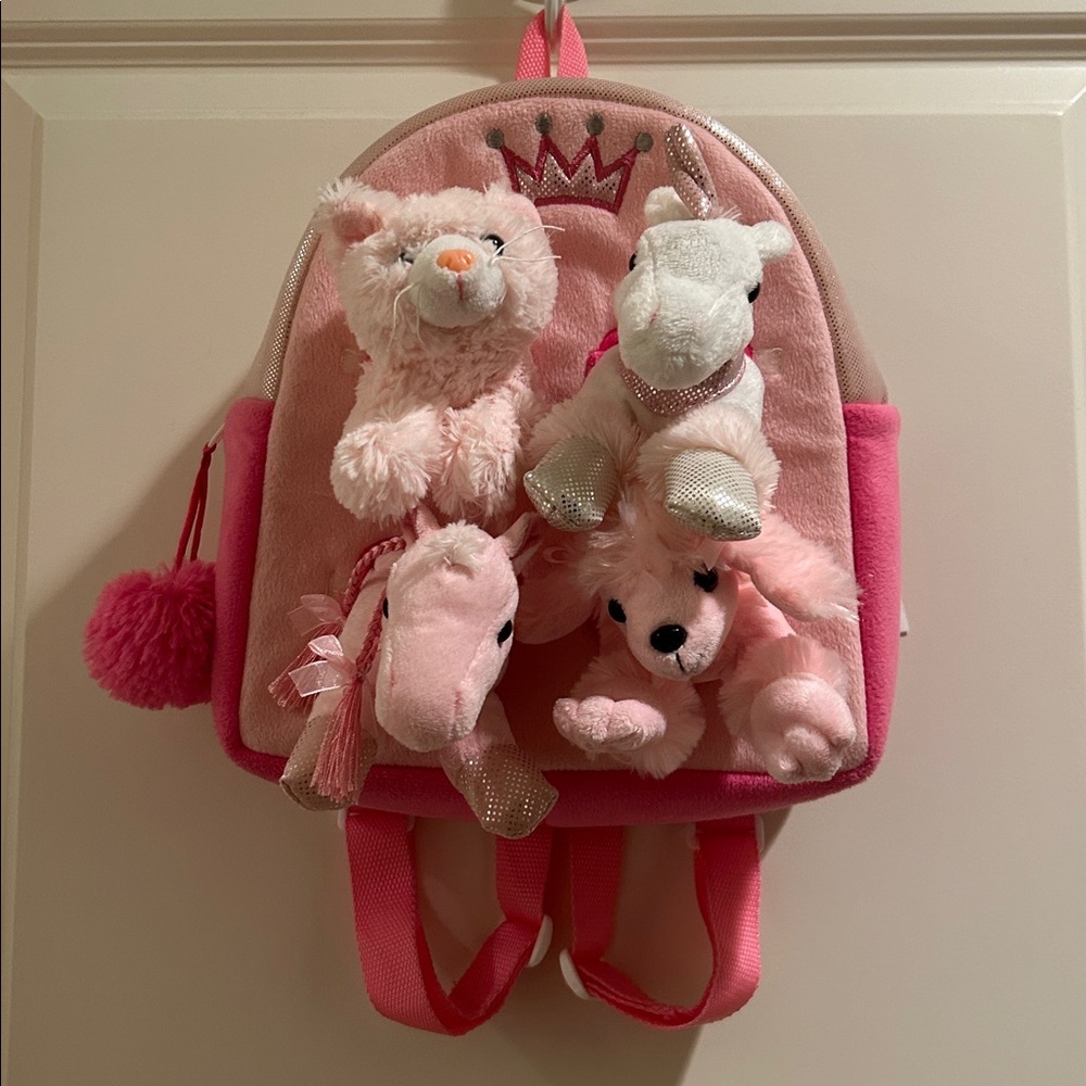 Unipak ZipUp pink Animal Plush Backpack with four removable soft plush animals